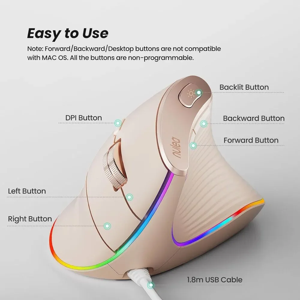 Nulea M504 Wired Vertical Ergonomic Mouse Pink 4 DPI 11 RGB PC Mac